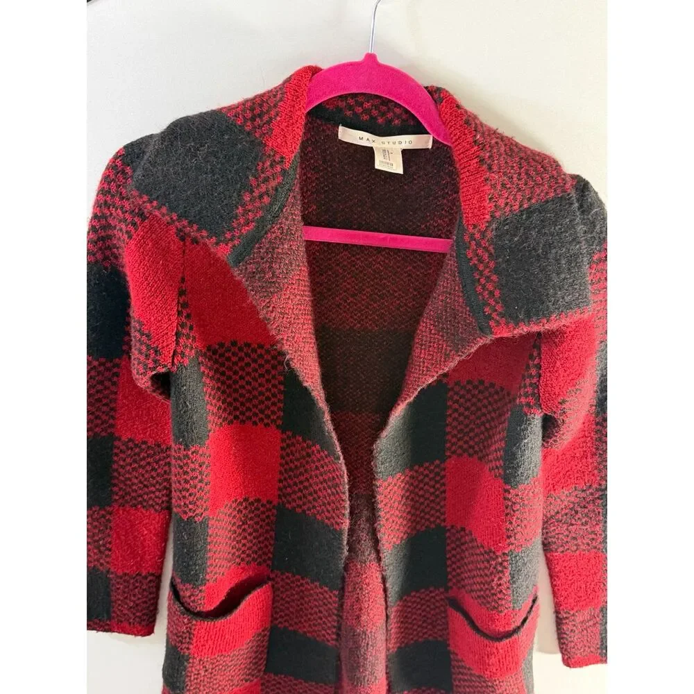 Max Studio Red Black Buffalo Plaid Open Front Cardigan Sweater Jacket